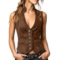 thumbnail image 2 of Atkumj Suede Vest for Women Trendy Stand Collar Cinched Waist Womens Vests Casual Solid Color Button Front Sleeveless Jacket S, 2 of 8
