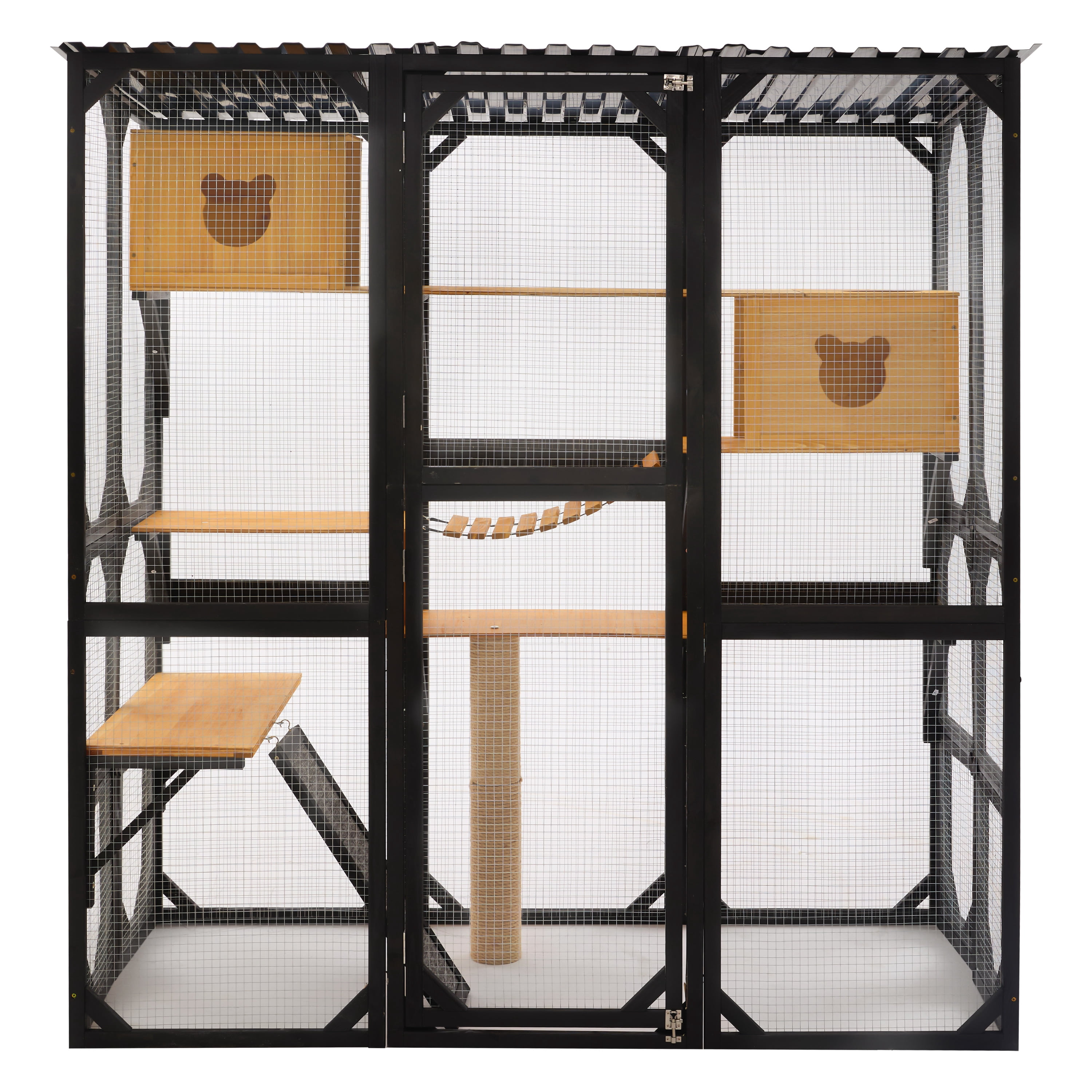 Outdoor Cat Enclosure, Fir Wood Catio with Sleeping Houses, Jumping Platforms, Scratching Post & Secure Doors, Black + Natural, Ideal Patio Playpen for Cats