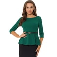 thumbnail image 1 of Top Peplum Allegra K elegante con cinturón manga 3/4 cuello redondo verde XS, 1 of 5