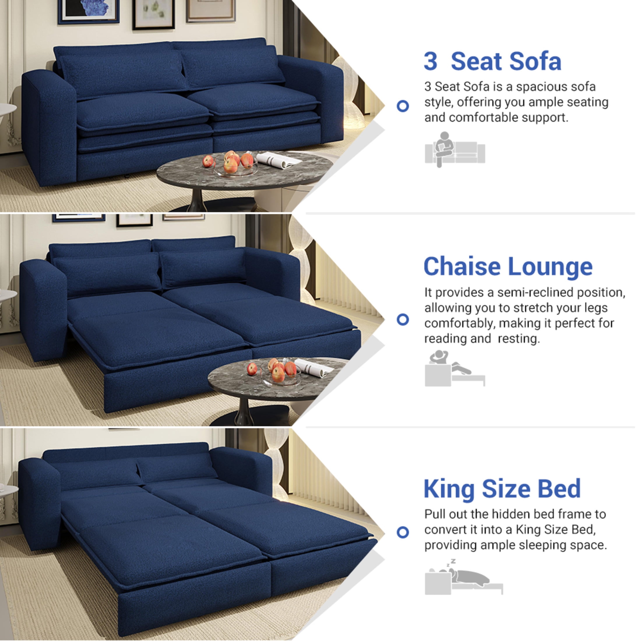 Noble House Rachel Convertible Sleeper Sofa Bed, Sherpa Fleece 3-Seat Pull Out Couch with Lumbar Pillows, Blue