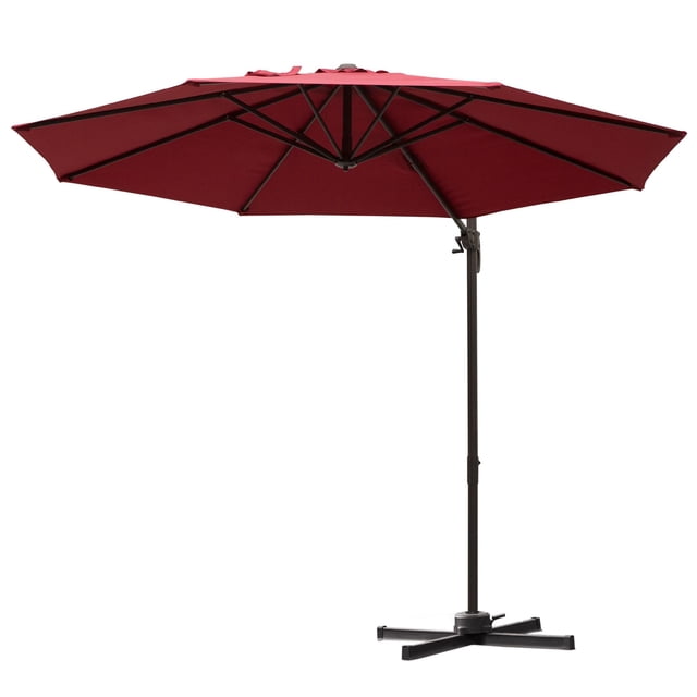 Parasol Déporté de 10 Pi pour Patio avec Rotation à 360°, Manivelle et Base en Croix pour Jardin, Terrasse, Piscine, Cour Arrière, Rouge Vin