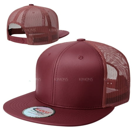 

Leather Snapback Hat Hip Hop Baseball Cap Trucker Mesh Solid Plain Flat Bill Men Mesh - Burgundy