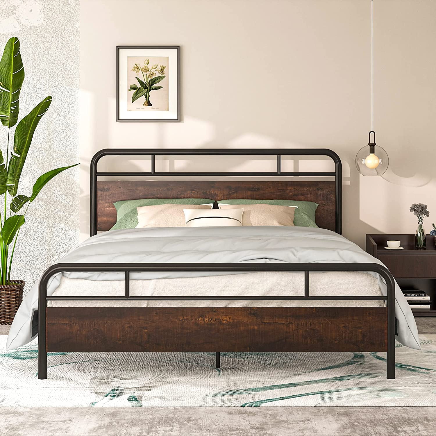 Allewie Queen Metal Platform Bed Frame with Wooden Headboard and Slats, Sanders