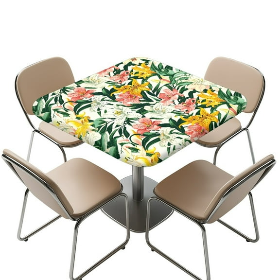FKELYI Retro Lily Flower Leaf Print Square Tablecloth Elastic Table Cover for Outdoor Picnic Dustproof Table Protector Kitchen Decoration Home Accessories, 34x34 inch