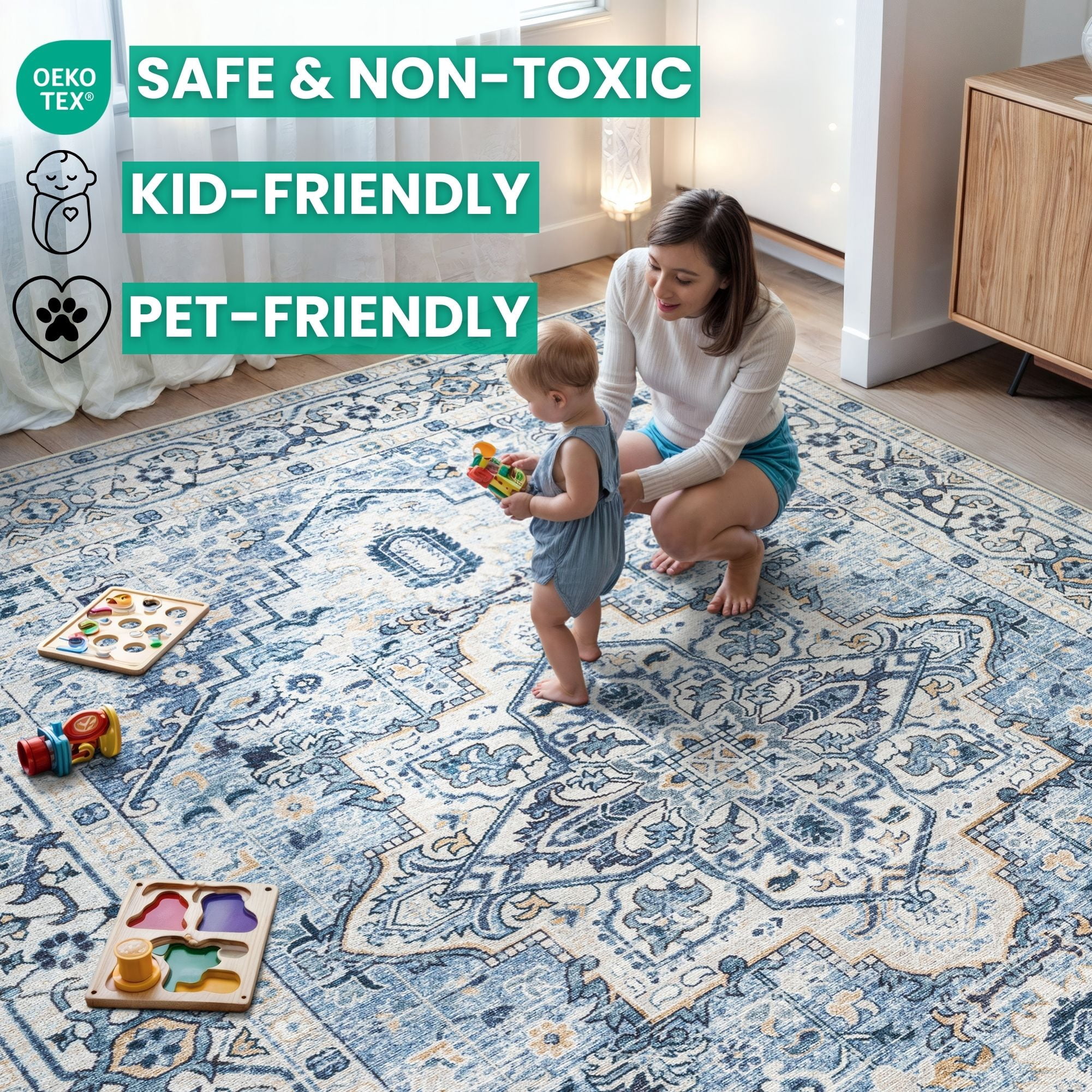 Bloom Rugs Washable Non-Slip 2x3 Rug - Blue Traditional Oriental Area Rug for Living Room, Bedroom, Dining Room, and Kitchen - Exact size: 2' x 3'