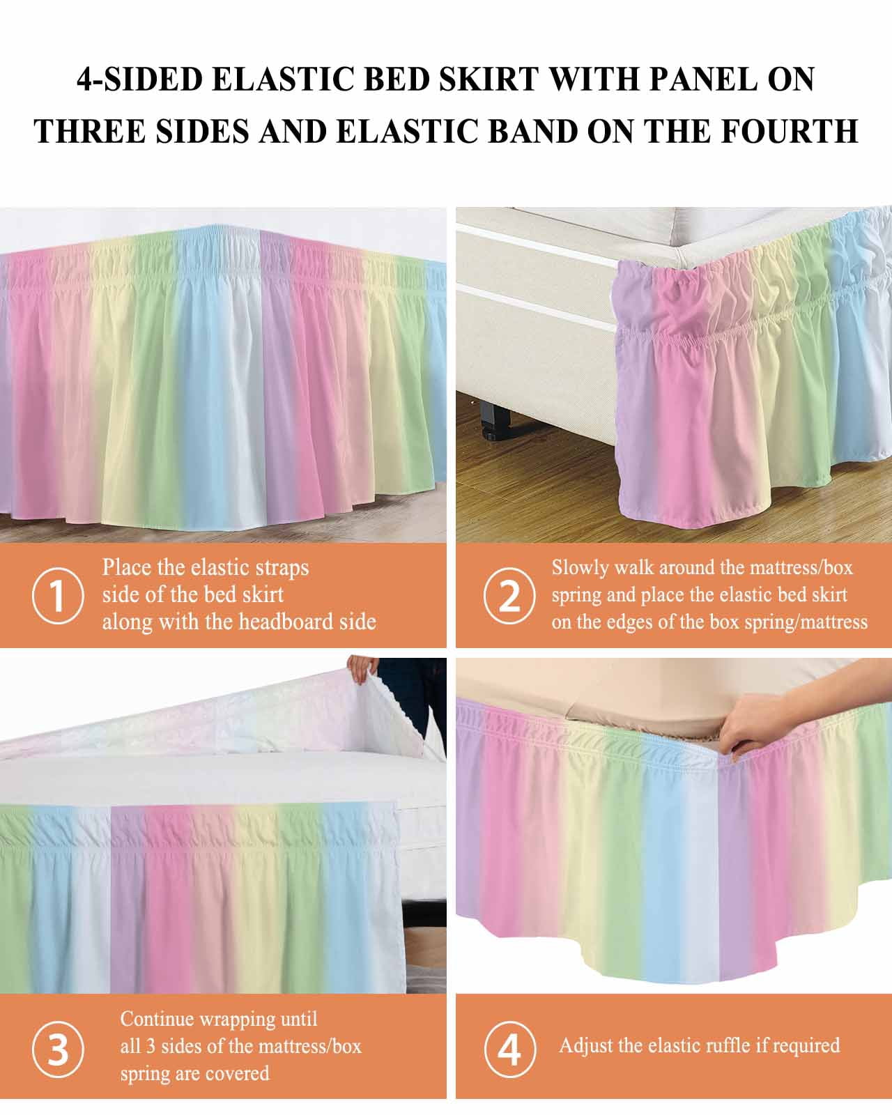Rainbow Stripes Wrap Around Bed Skirts for Queen Bed 16" Drop,Bed Skirt with Adjustable Elastic Belt Dust Ruffle Bed Valance for Bedroom Hotel Modern Colorful Cream Striped Aesthetics Bed Frame Cover
