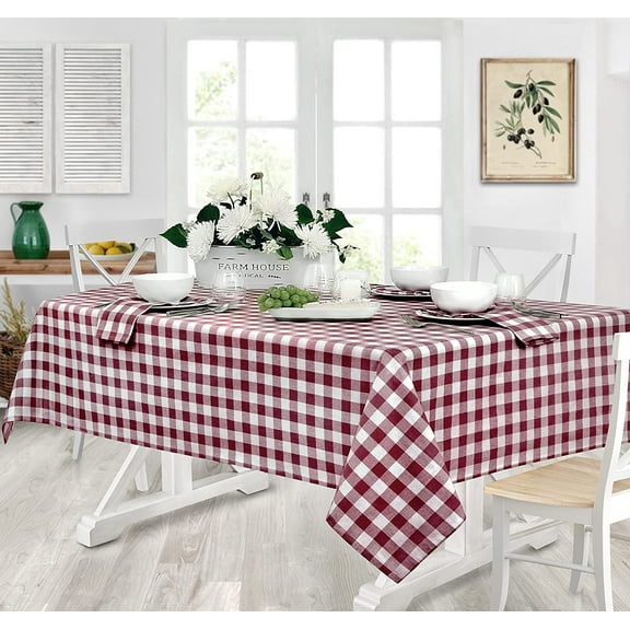 Home Bargains Plus Square Fabric Tablecloth, Country Rustic Buffalo Plaid, 52 x 52 Inch, Indoor Outdoor Easy Care Dining Table Cover, Checkered Cottage Gingham, Burgundy