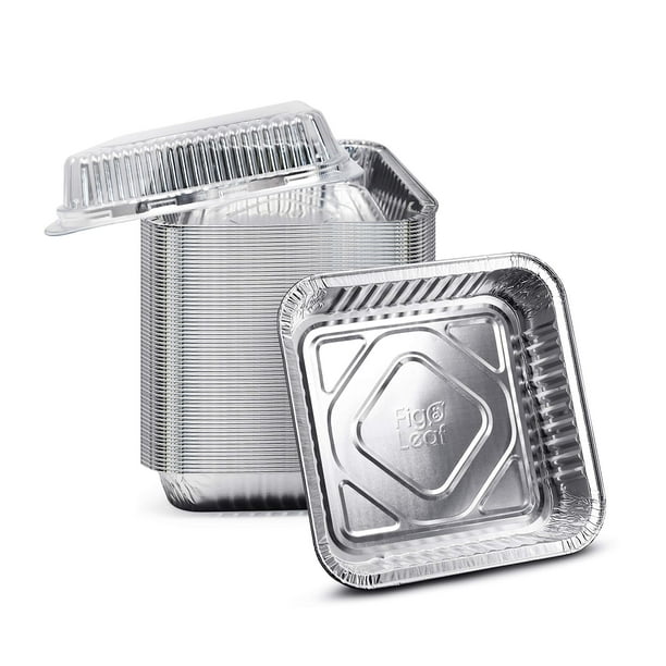 (Paquete de 35) moldes cuadrados para hornear pasteles de 8 x 8 con tapas de cúpula de plástico | Resistentes l Latas desechables de papel de aluminio l Recipientes portátiles para alimentos l Perfect Fig & Leaf NA