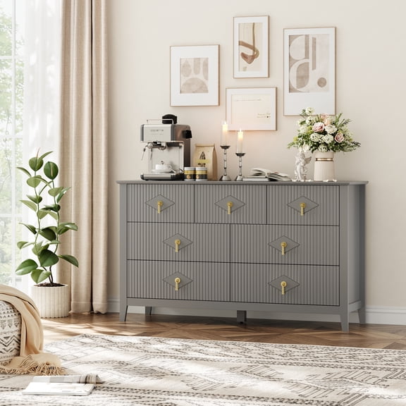 Fluted Dresser for Bedroom, 54 Inch Wide 7-Drawer Wood Dresser, Modern Chest of Drawers, Dresser TV Stand, Wood Drawer Organizer Cabinet for Living Room, Hallway, Entryway