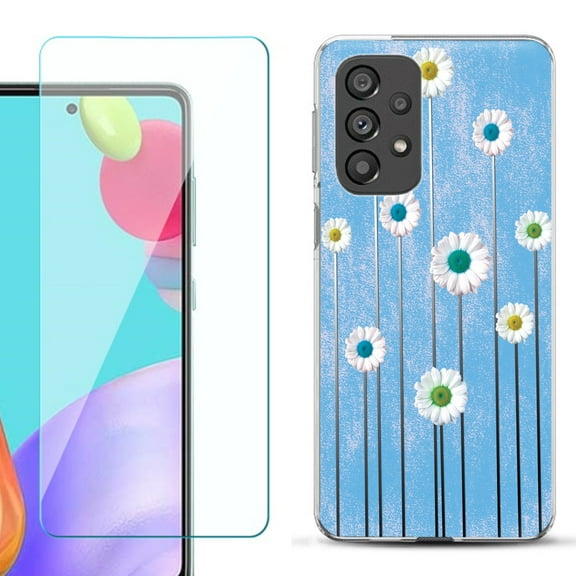 Slim-Fit Gel TPU Phone Case for Samsung Galaxy A33 5G, with Tempered Glass Screen Protector, by OneToughShield ® - Daisy Sky