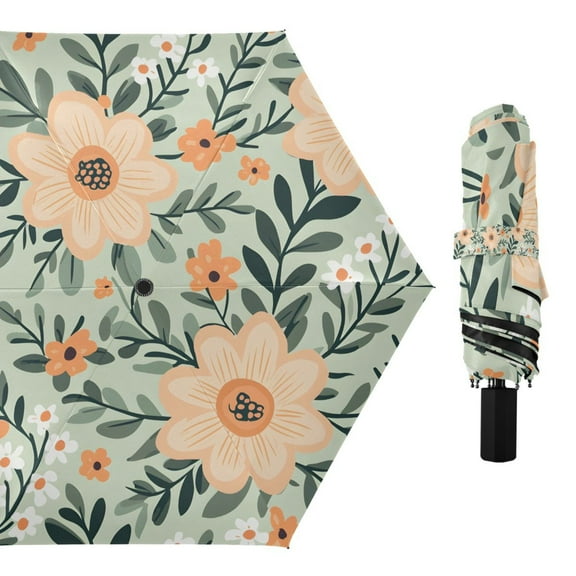 Retro Cute Peach Flower Compact Sun Umbrella Windproof Travel Umbrellas for Rain Strong Portable UV Protection