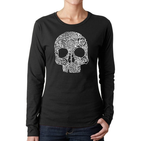 Women's Word Art Long Sleeve T-Shirt - Flower Skull