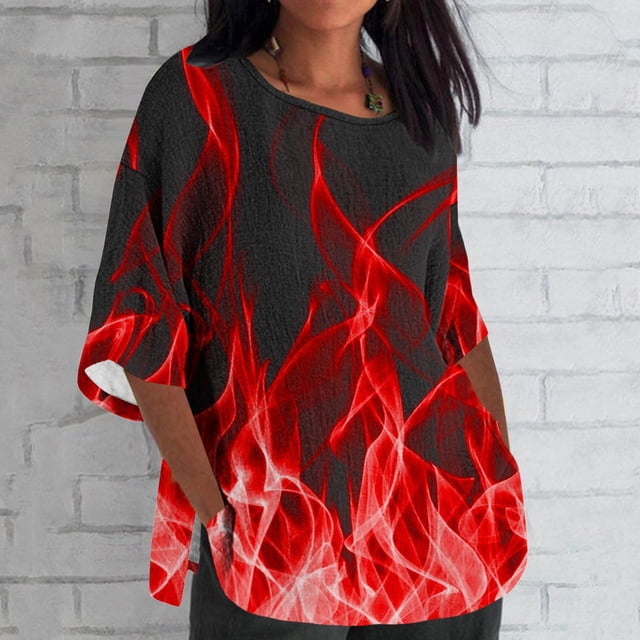 Blouses pour Femmes, Mode Femmes Dames Décontractée Courte Manches 3/4 Imprimée Coton Chemise Ample Blouse Haut