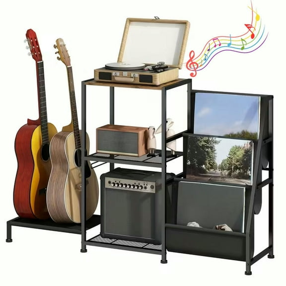 Werseon Record Player Stand with Vinyl Storage, Guitar Stand Floor with 2 Guitar Holders, 3-Layer Vinyl Record Storage Rack & Guitar Rack with Amp Shelf and Table