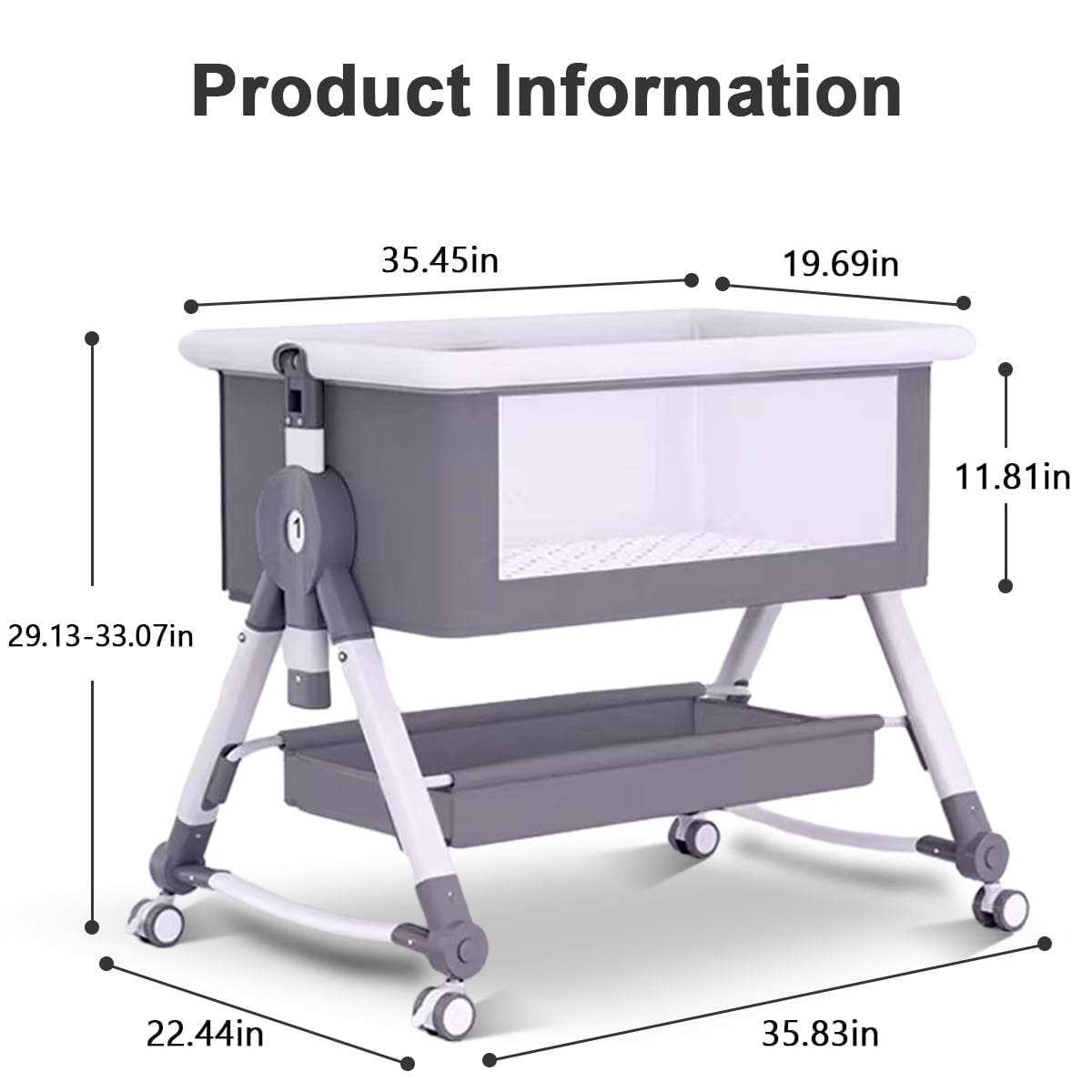 JUANYU Multifunctional Bedside Cradle with Adjustable Height ,Two-in-One Mosquito Net Design for Baby Safety and Comfort, Gray