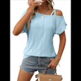 thumbnail image 3 of Blusas Cruzadas de un Solo Hombro para Mujer, Camisetas de Verano con Hombros Descubiertos, Blusas Casuales de Corta con Ojales. Azul XL, 3 of 8