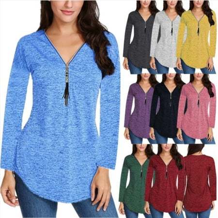Double Zipper Long Sleeve Women Fashion Casual Zipper V-neck Shirts Solid Color Long Sleeve Blouses Plus Size Pullover Tops ()