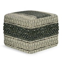 Square Pouf Footstool Ottoman - Green Woven Wool Cotton - 18x18x14 Inch Decorative Accent