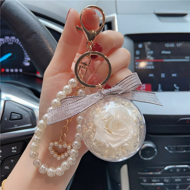 Llaveros para mujer, llavero de billetera, llavero de auto, lindo llavero de flor eterna, llavero de rosa, llavero de cuero para colgar en el auto, llavero de cuero