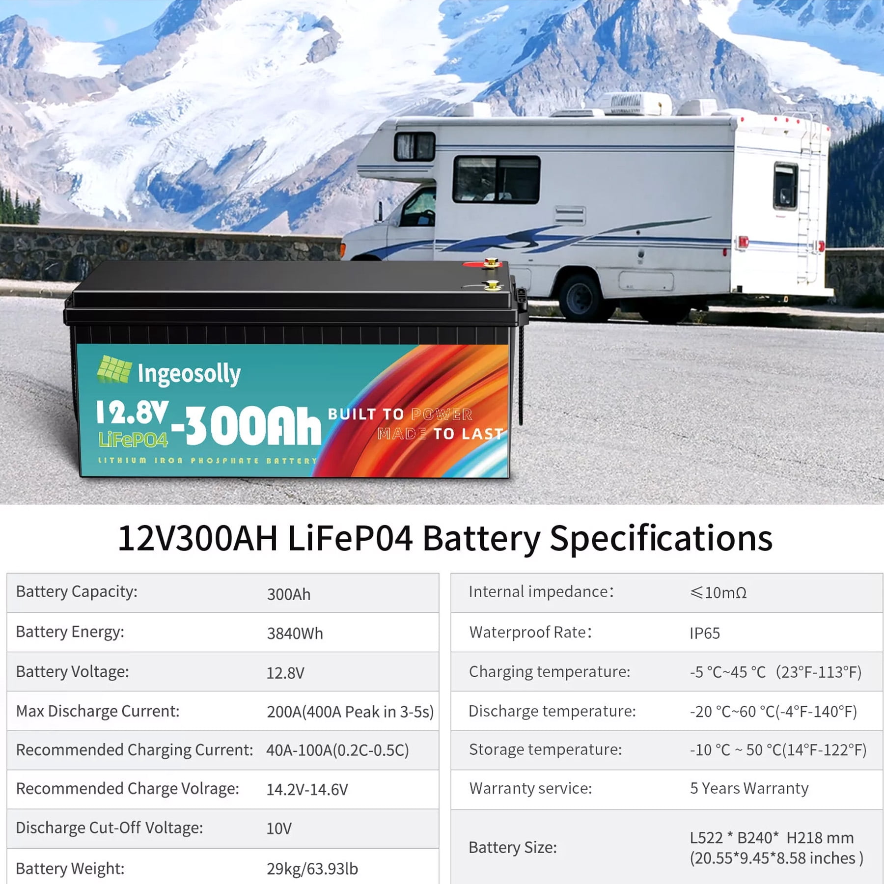 4PACK 12V 300AH LiFePO4 Lithium Battery,Built-in 200A BMS,for Solar,RV,Camping,Golf Carts,Trolling Motor,Marine,off-Grid,Backup Power,Motorhome,Ingeosolly 12.8 Volt Deep Cycles Battery
