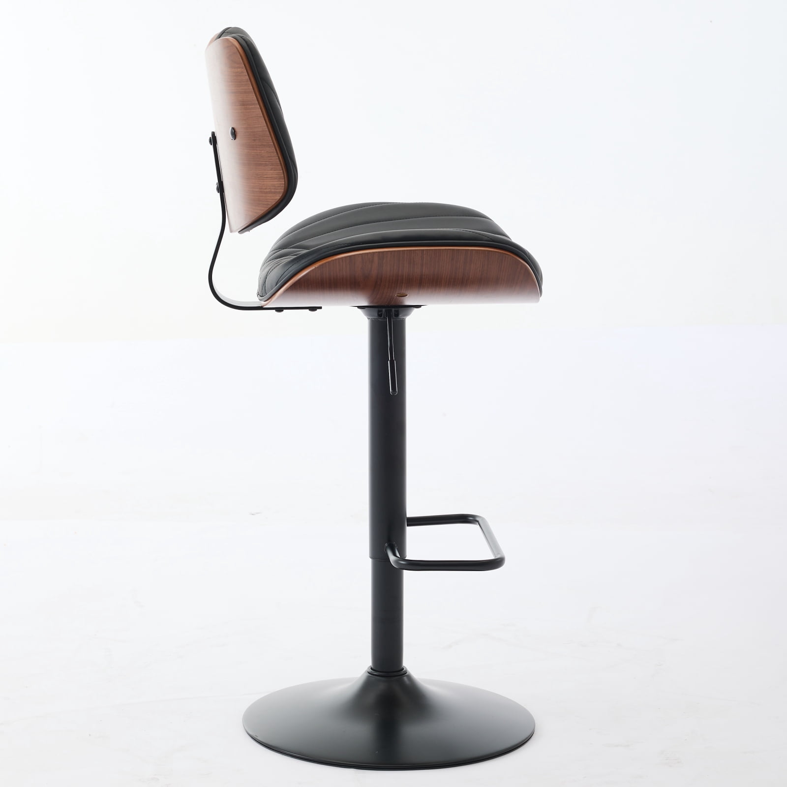 Adjustable Swivel Bar Stools Set of 2 Mid Century Modern Design with Walnut Bentwood and Black PU Leather Upholstery for Kitchen Island