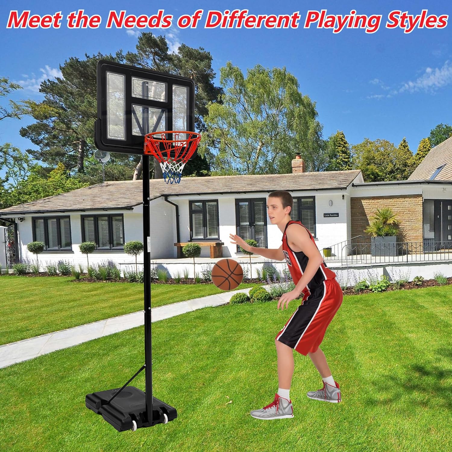 Lumiparty Portable Basketball Hoop Outdoor 5.2-10ft Height, Basketball Hoop Goal System with 2 Wheels, 44 Inch Shatterproof Backboard, Large Stable Base for Backyard