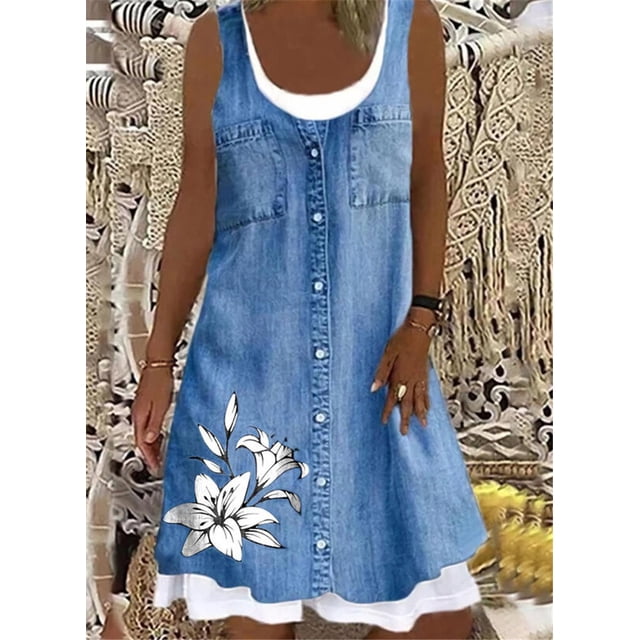 Women's A-Line Dress Sleeveless Spring Summer Casual Patchwork Print Knee Length Dress Fashion 3D Printing Denim Print Dress6XL
