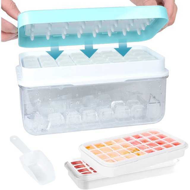 Qoosea Ice Cube Tray with Lid and Bin 64Pcs 2 Trays Ice Cube Molds for Freezer Ice Cube Molds with Scoop Easy Release Ice Box Container for Freezer BPA Free for Whiskey, Cocktail and The Like