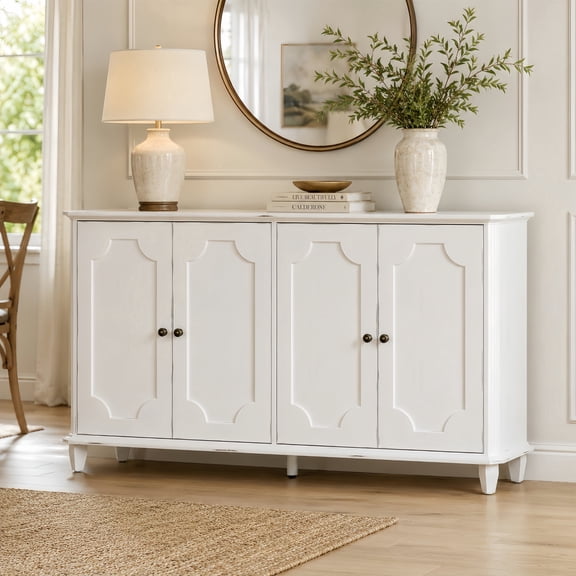 Atumcto Farmhouse Sideboard Buffet Cabinet, 4-Door Storage Credenza with Curved Raised Panel Doors, White