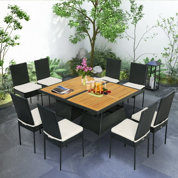 Gymax 10PCS Rattan Patio Dining Set Cushioned Outdoor Furniture Set w/ Wooden Tabletop