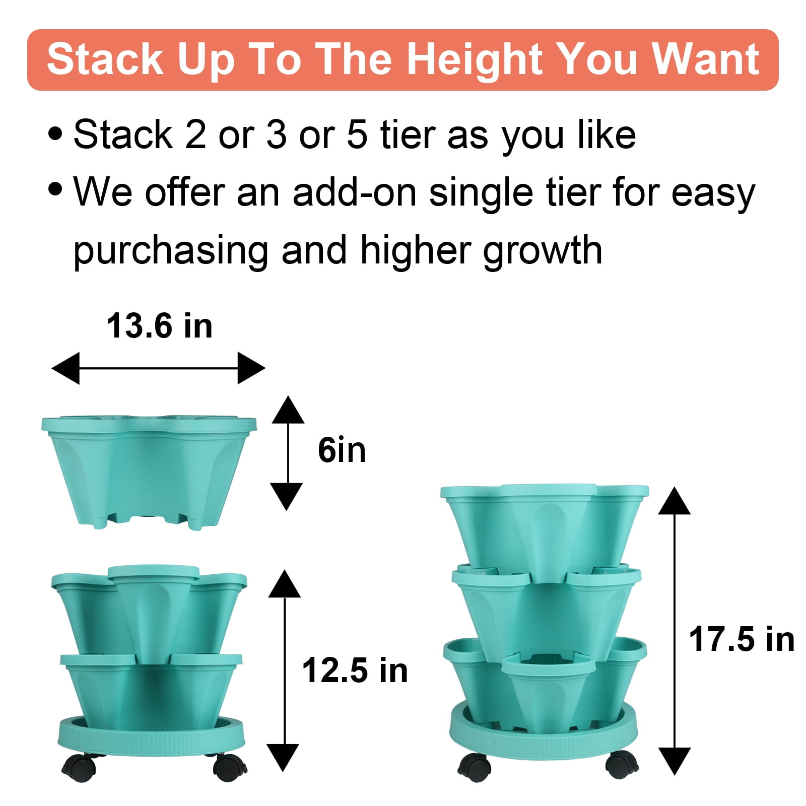 Stackable Planters 5 Tier Vertical Garden Planters Strawberry, Herb, Flower, Vegetable Indoor Outdoor Pots with Wheels,Teal