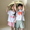thumbnail image 3 of Conjuntos de camisetas de algodón para niños de 1 a 10 años, camiseta con patrones de frutas y pantalones cortos a cuadros, traje para niños y niñas, ropa de casa para niños, 3 of 6