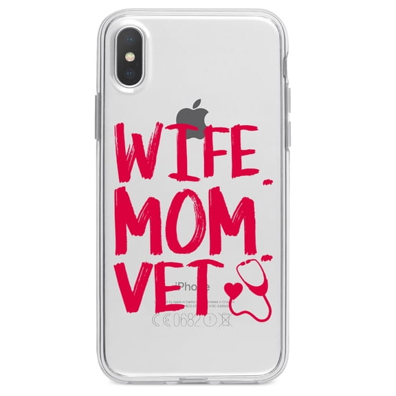 DistinctInk Clear Shockproof Hybrid Case for iPhone X / XS (5.8" Screen) - TPU Bumper Acrylic Back Tempered Glass Screen Protector - Wife. Mom. Vet.
