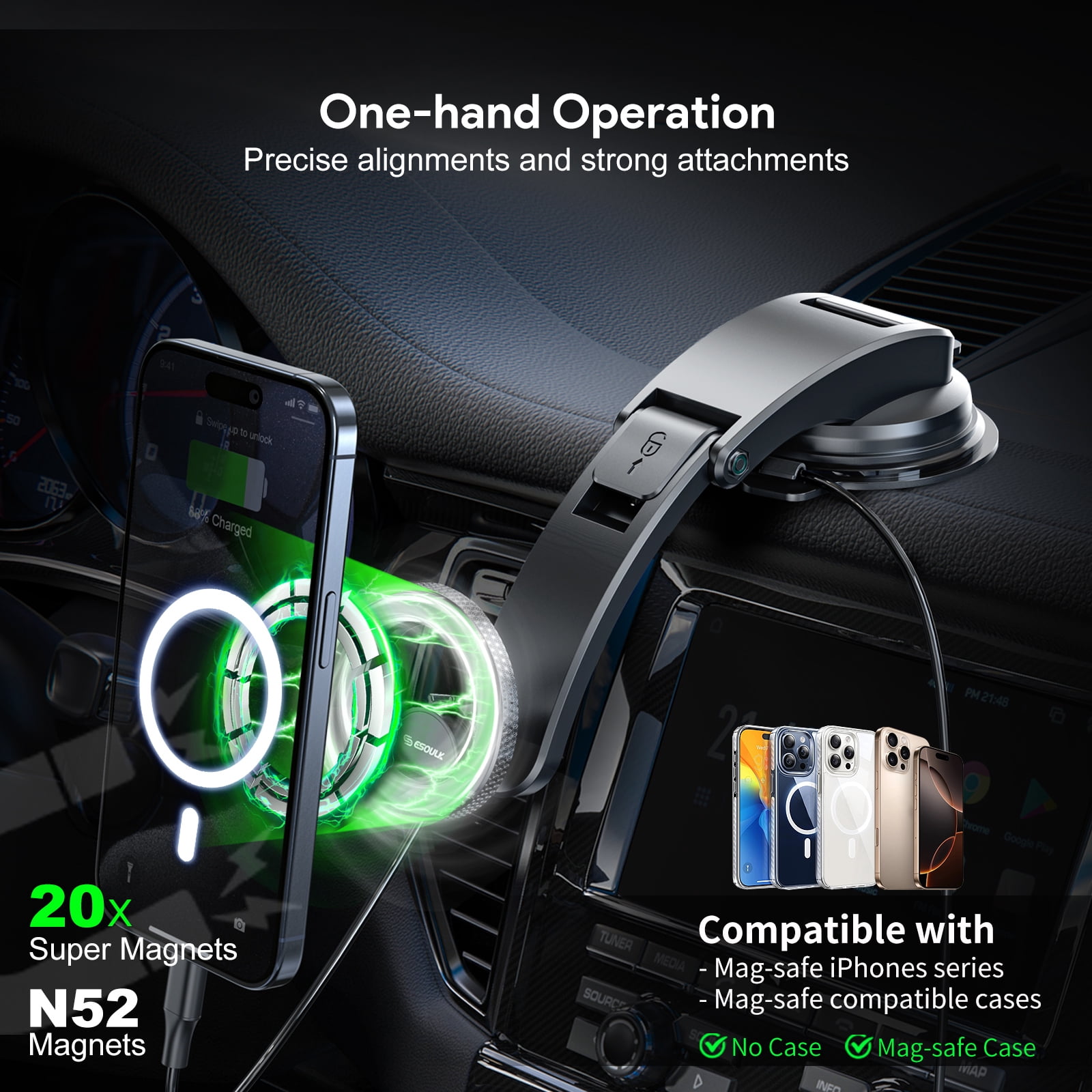 MagSafe Compatible Suction Cup Magnetic Car Dashboard Phone Mount - Black