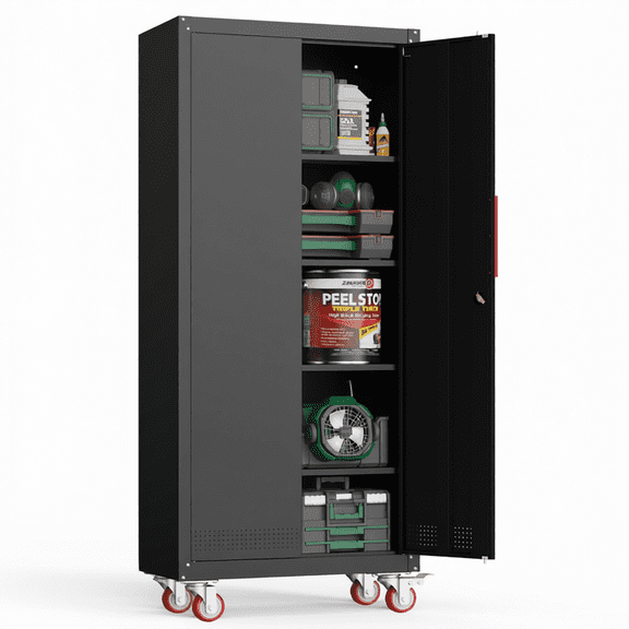 Tall Metal Garage Storage Cabinet with Wheels and Locking Doors | Heavy-duty Steel Rolling Tool Cabinet, Garage Cabinets with 4 Adjustable Shelves for Garage, Home, Office, Shop - Black