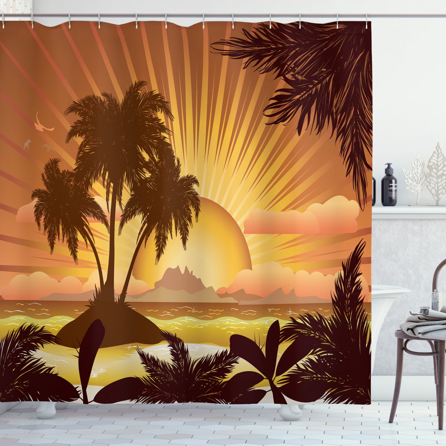 Fiji Shower Curtain, Digital Graphics of a Sunset Landscape on an