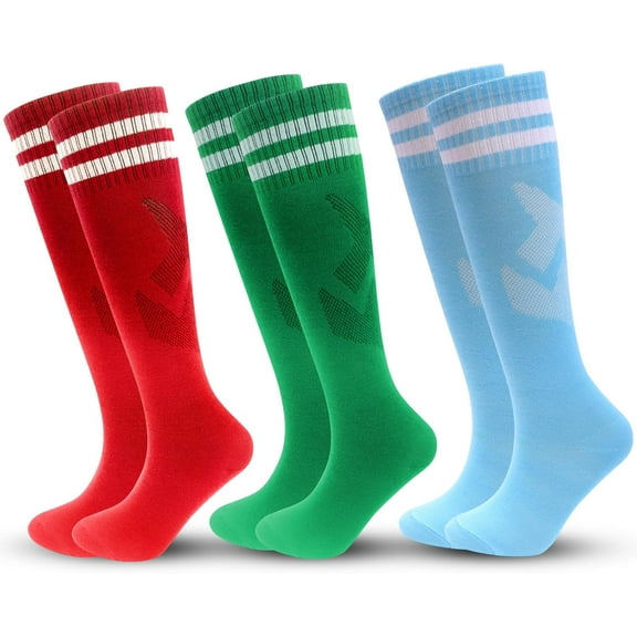 3 Pairs Kids Soccer Socks Striped Knee High Tube Socks Football Uniform Sports Socks for Boys Girls 6-12 Years Old