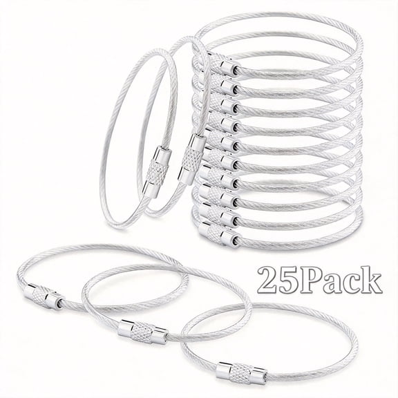 25 Pack Stainless Steel Wire Keychains, 2mm Heavy Duty Coated Cable Key Rings, 6 Inch Silver Hanging Loops for Luggage Tags, Car Keys, ID Tags, and Kitchen Utensils