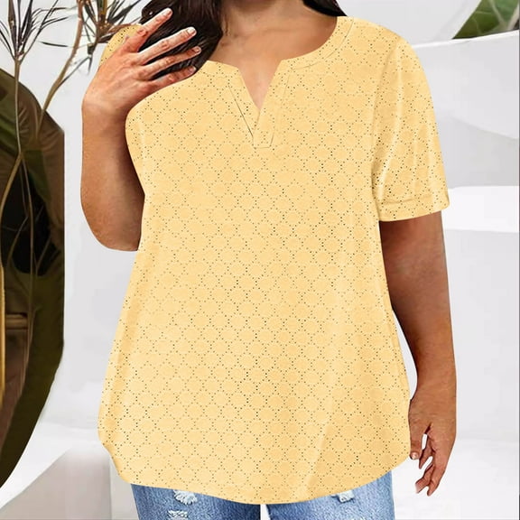 Women's Plus Size T-shirts Short Sleeve V Neck Eyelet Trendy Tops 1X-5X Solid Color Dressy Casual Blouses (XL, Yellow)
