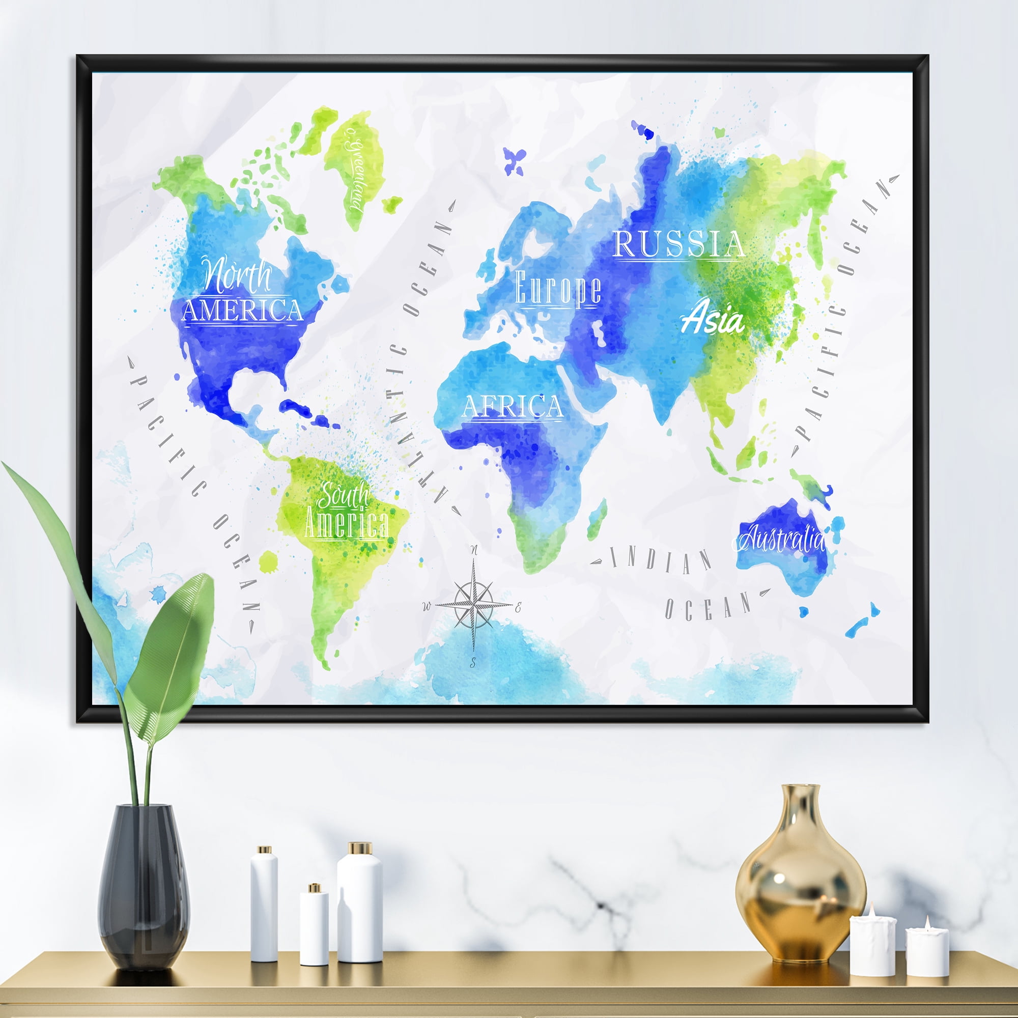 Designart 'World Map In Blue and Green' Modern Framed Canvas Wall Art Print