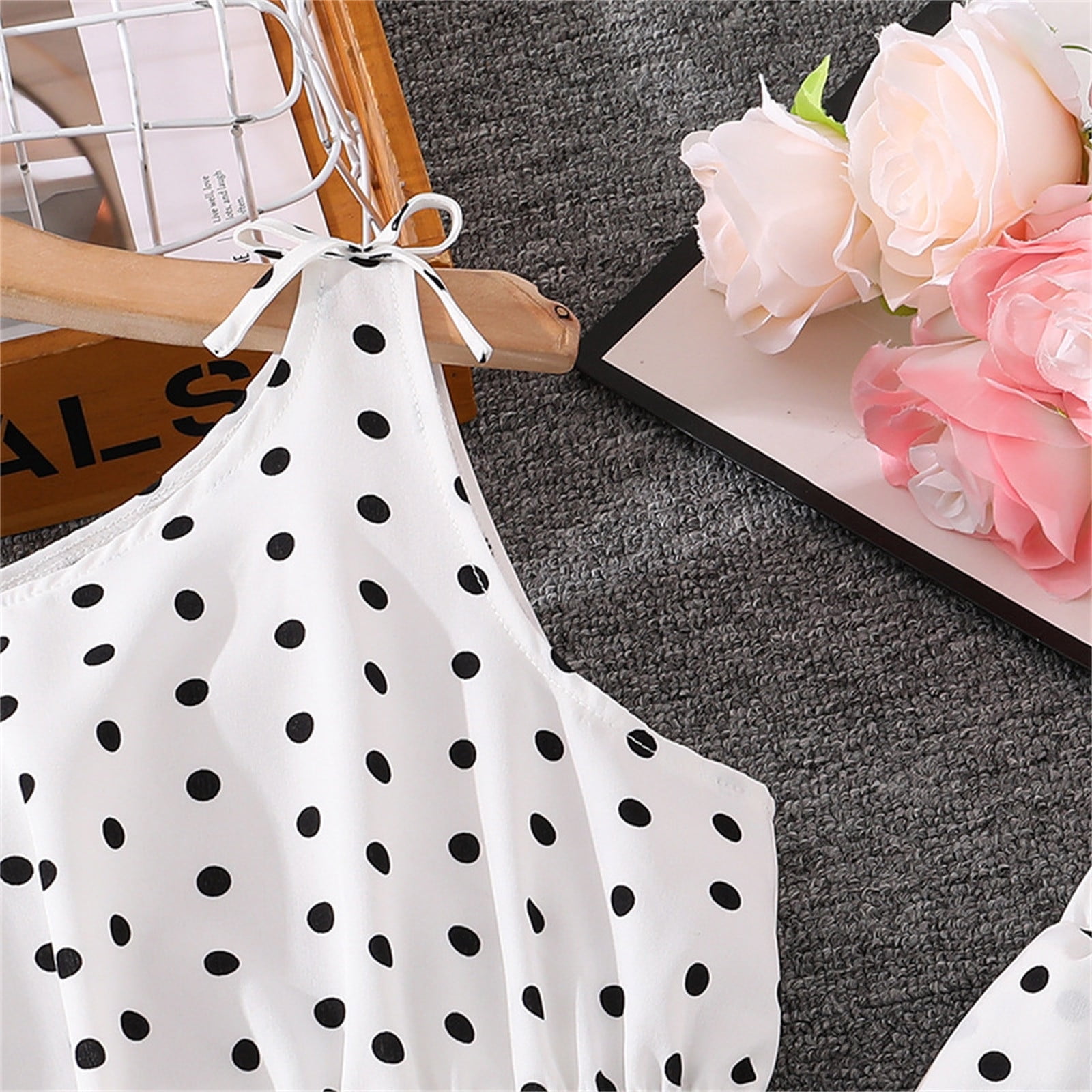REDARER Girls Summer Outfit Polka Dot Bow Strap Sleeveless Ruffle Hem Crop Top High Waist Wide Leg Pants 2 Piece Set,11-12 Years