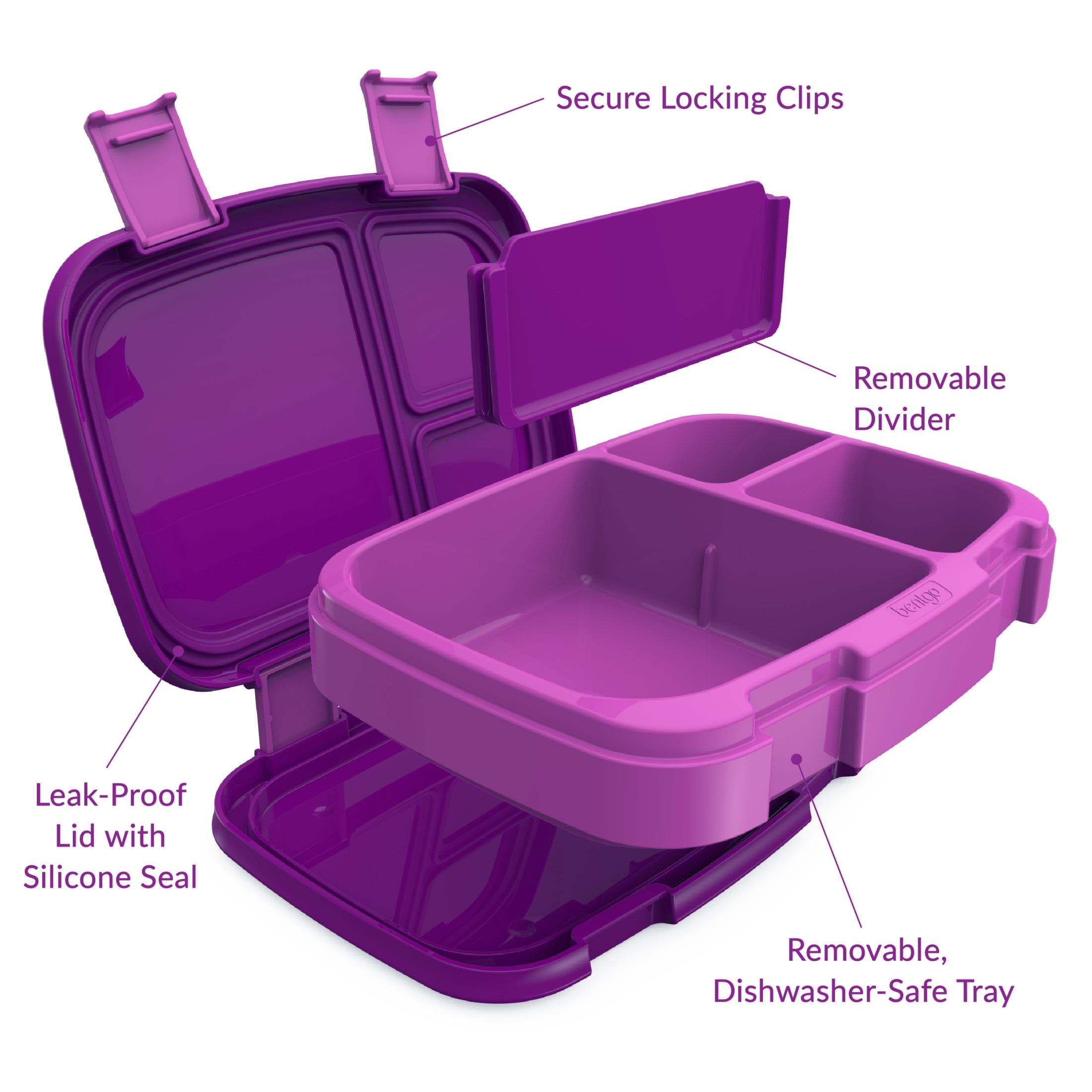 (3 pack) Bentgo Fresh – Leak-Proof, Versatile 4-Compartment Bento-Style Lunch Box with Removable Divider, Portion-Controlled Meals for Teens and Adults On-The-Go – BPA-Free, Food-Safe Materials (Purple)