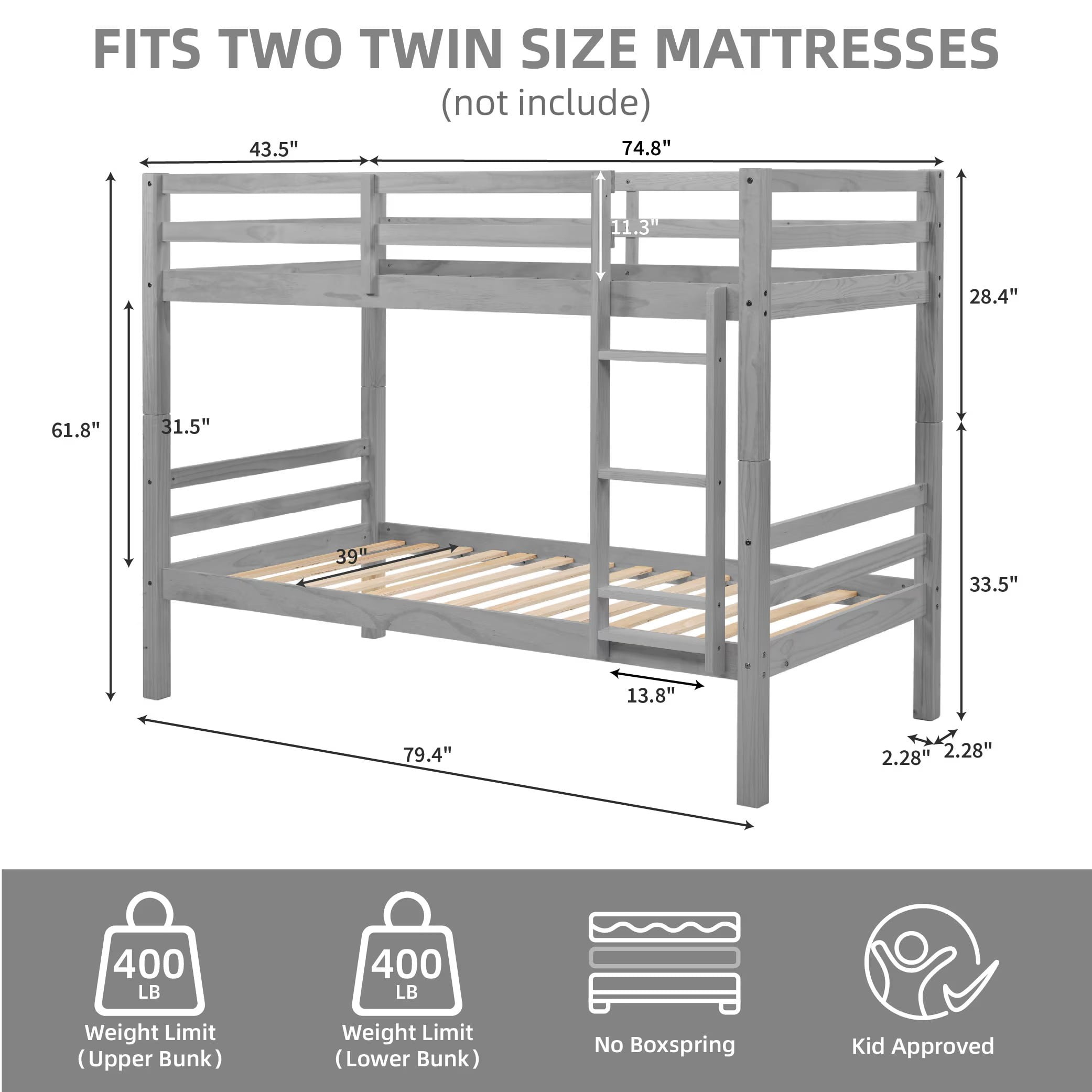 Twin Over Twin Bunk Bed, Solid Wood Bunk Bed Frame with Thick Posts, High Guardrails and Ladder, Heavy Duty Wooden Slats, No Box Spring Needed for Kids, Teens, Guest Room, Grey