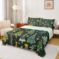 Manfei Cartoon Christmas Tree Twin Sheet Sets 3 Pieces for Children, Merry Xmas Twin Fitted Sheet, Black Green Orange Hand Drawn Flat Sheet, Super Cozy Room Decor