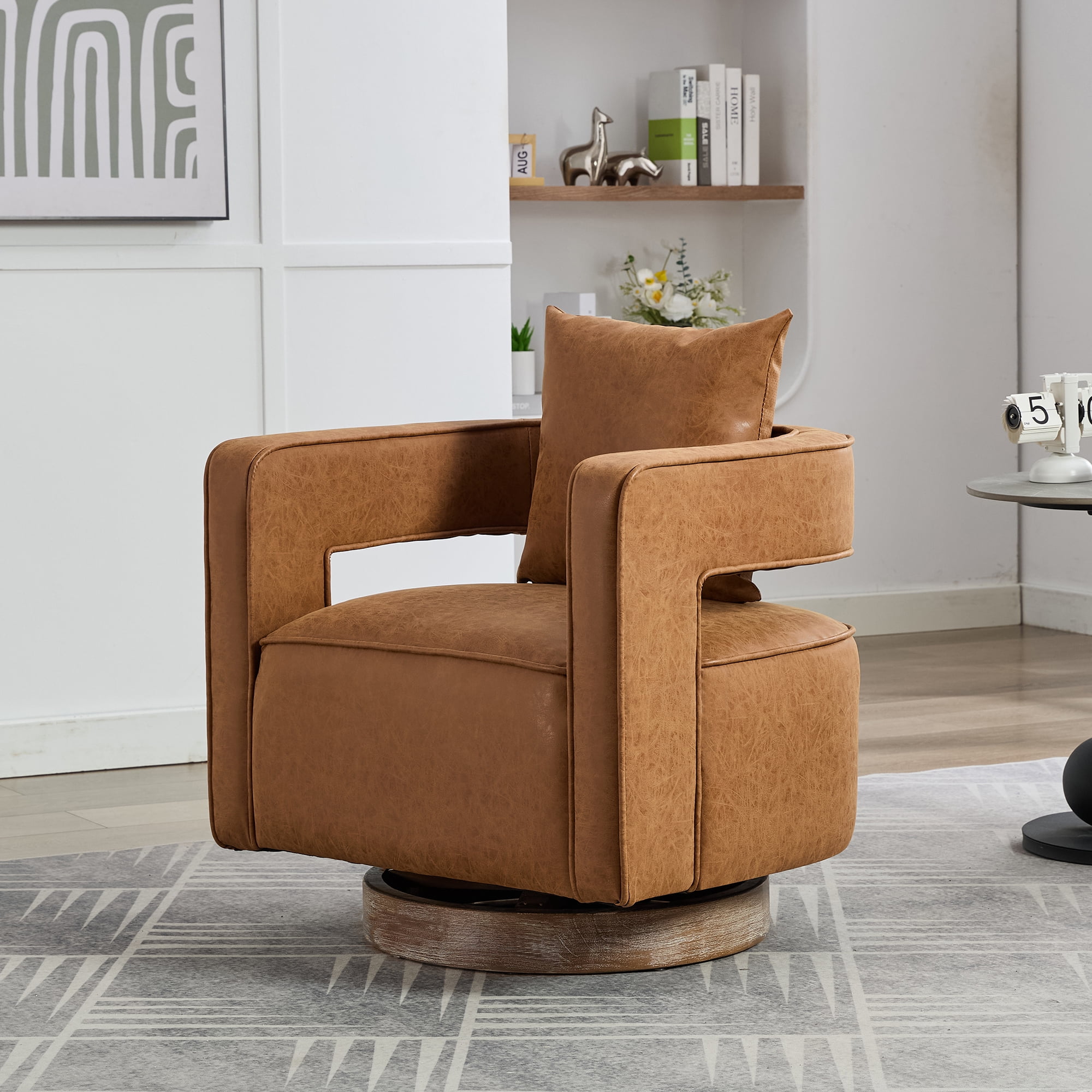 Leumius Swivel Accent Chair with Open Back,Modern Single Sofa Chair With Weathered Base for Nursery Bedroom Living Room Hotel Office, Club Chair Leisure Arm Chair for Lounge,Brown PU