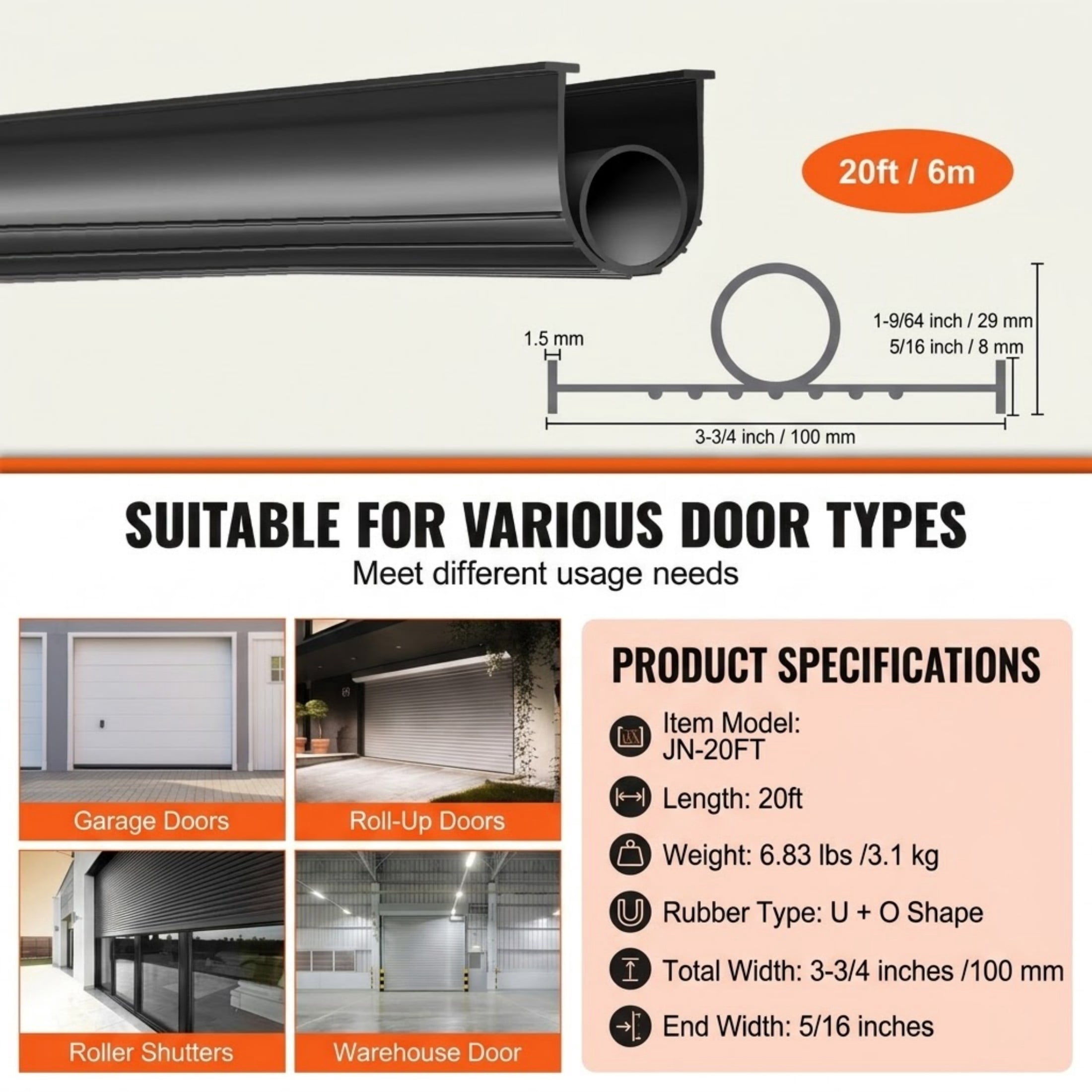 20 Ft Garage Door Bottom Seal Weather Stripping, Universal U-Shape and O-Ring Rubber Threshold with 5/16" T-Ends and 3 3/4" Width, Black