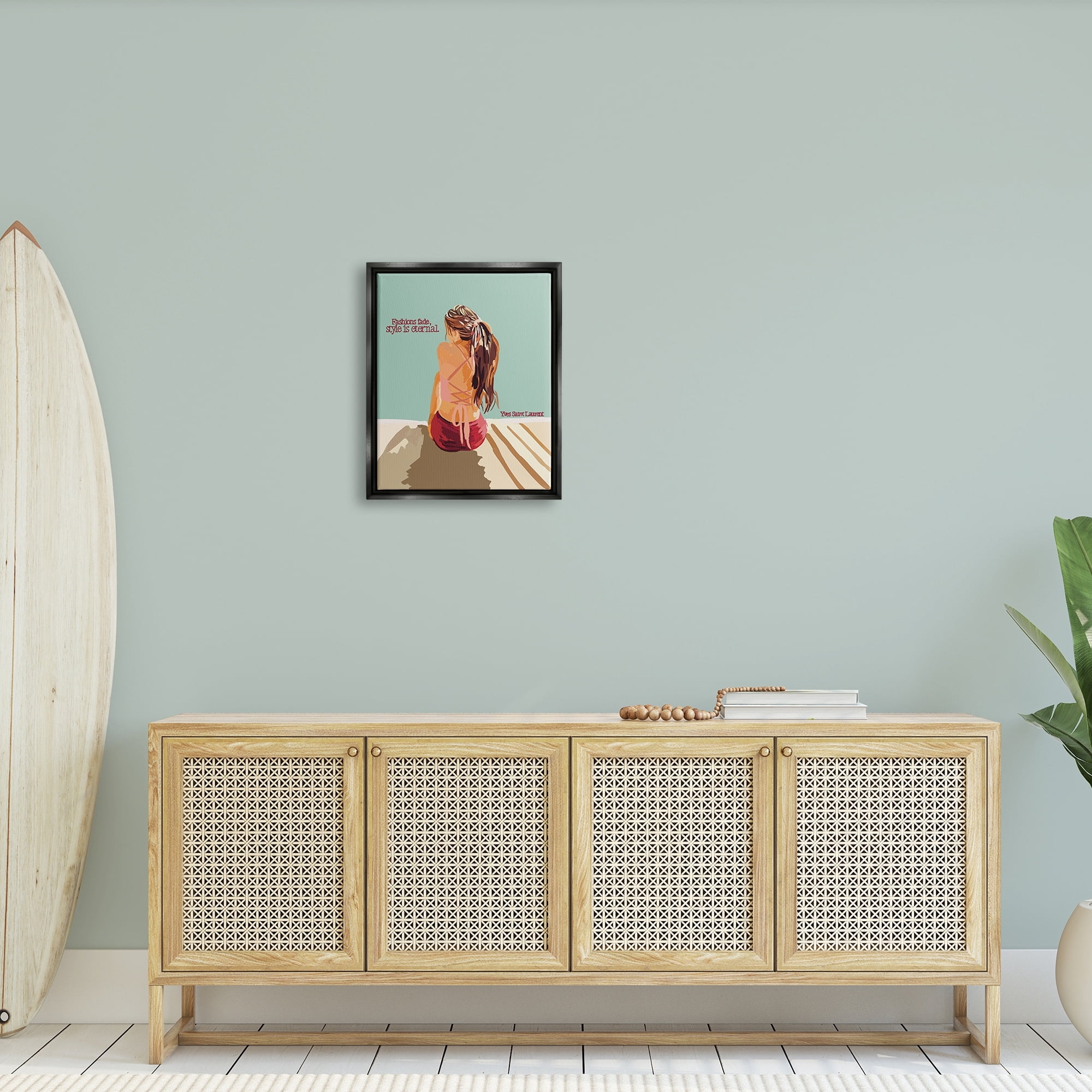 Stupell Industries Style is Eternal Motivating Fashion Quote Beach Woman Graphic Art Jet Black Floating Framed Canvas Print Wall Art, Design by Amelia Noyes