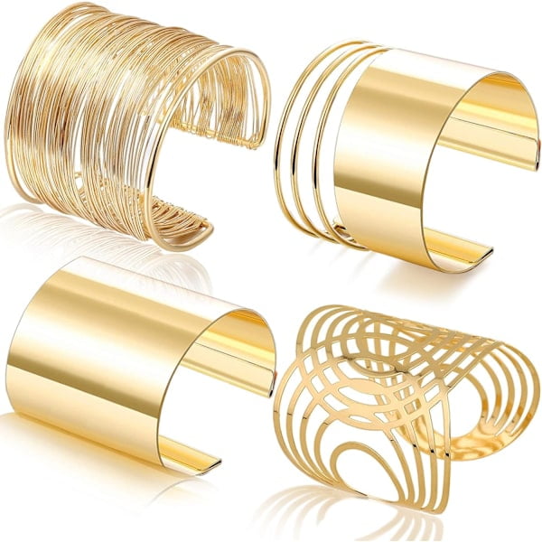 4-piece set of cuff bracelets, women's open wide line bracelets, gold wrist cuff wrap bracelet