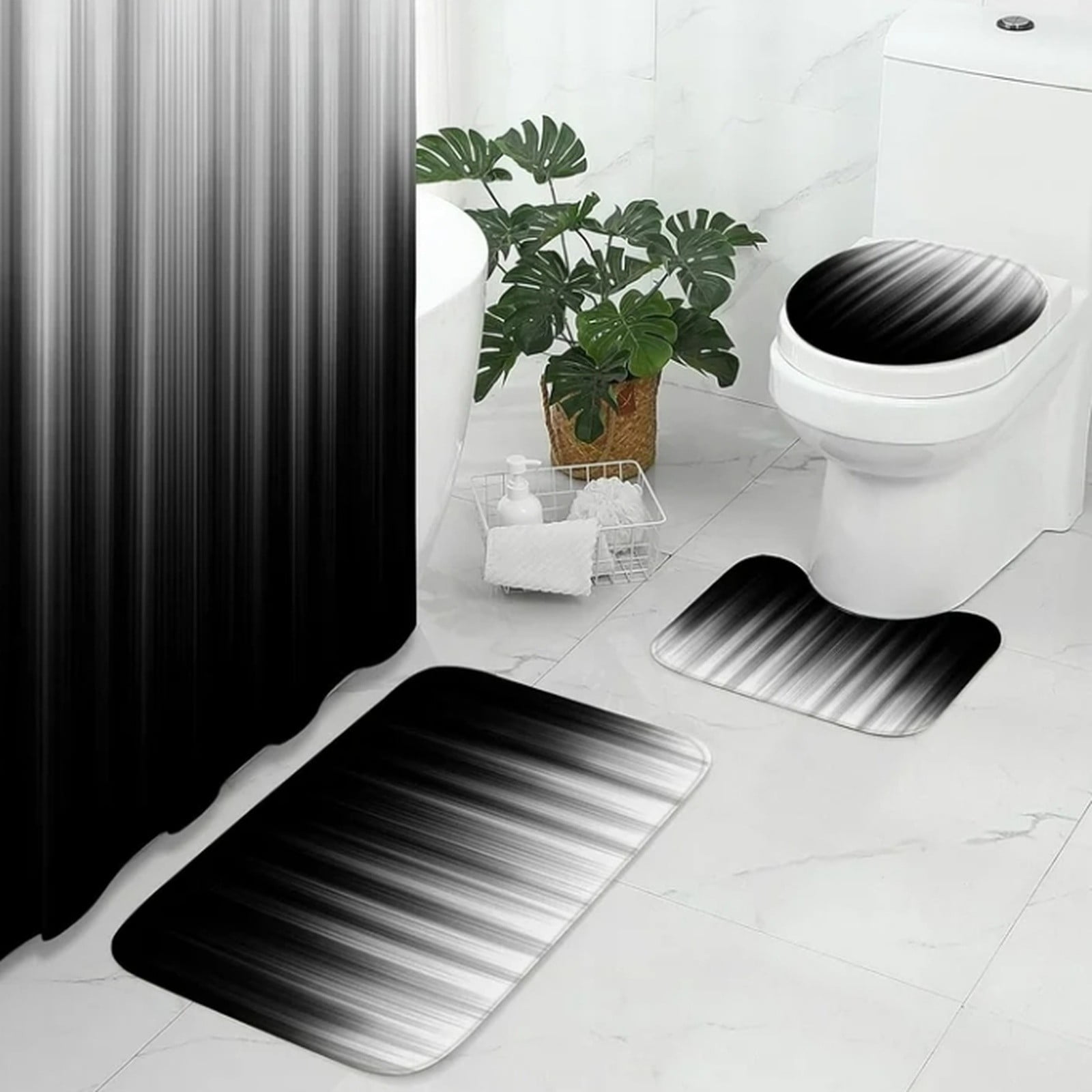 Bathroom Sets Cozival Gradient Ombre Bathroom Set Includes Shower Curtain And Bath Mat, Non-Slip Fuzzy Rug, And Modern Waterproof Liner for Tub, Ensemble for Home Decor And Practical Use, White