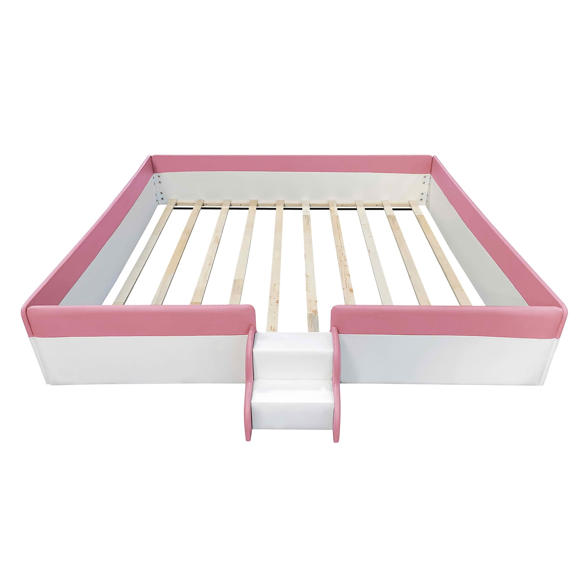 MAYEERTY Upholstered Floor Bed Frame with Fence & Staircase Design, Sturdy Slat Support & Easy Assembly